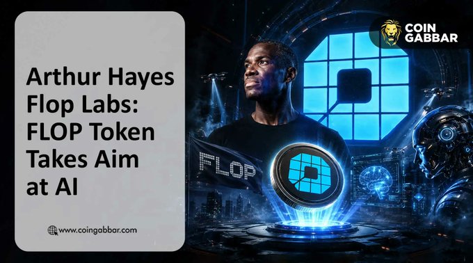 An article header reading 'Arthur Hayes Flop Labs: FLOP Token Takes Aim at AI' by Coin Gabbar, featuring a man and a futuristic scene with the FLOP token.
