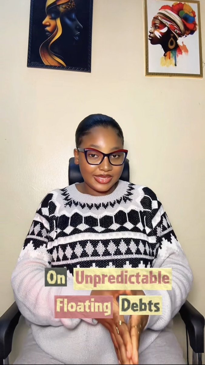 A woman wearing glasses and a black-and-white patterned sweater sits in front of wall art, with a text overlay reading 'On Unpredictable Floating Debts'.