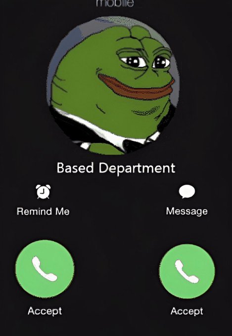 Pepe the Frog meme used as a phone contact avatar for 'Based Department' with Accept call buttons.