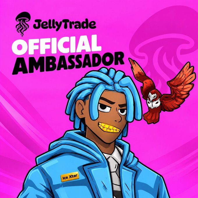 A cartoon character with blue dreadlocks and a blue jacket stands beside an owl, with text reading "JellyTrade OFFICIAL AMBASSADOR Ice Xtar" on a pink background.