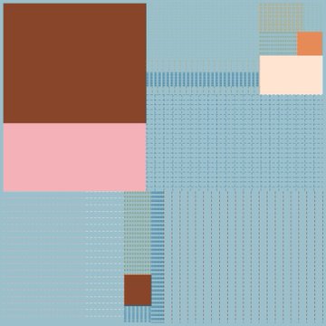 An abstract geometric composition featuring overlapping rectangles in shades of brown, pink, and beige against a textured blue background.