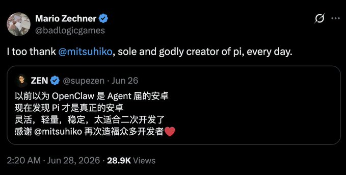 A screenshot of a tweet from Mario Zechner (@badlogicgames) jokingly thanking @mitsuhiko as the "sole and godly creator of pi," quoting a Chinese tweet from @supezen that had mistakenly attributed the creation of the Pi framework to the wrong person, with the post humorously acknowledging he got "ruthlessly mocked" by Pi's actual creator for tagging the wrong person.