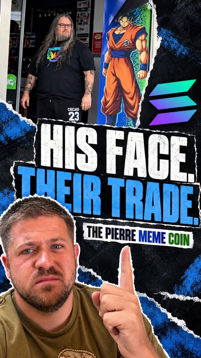 A YouTube-style thumbnail for 'THE PIERRE MEME COIN' shows a bearded man in an olive shirt pointing up in the foreground, while a long-haired man in a black graphic tee stands next to a large Goku (Dragon Ball) poster in the background.