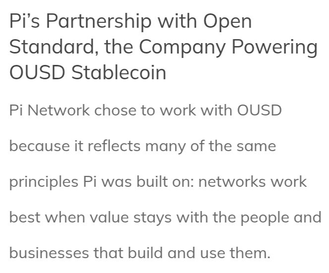 Text article titled 'Pi's Partnership with Open Standard, the Company Powering OUSD Stablecoin,' discussing why Pi Network chose to work with OUSD.
