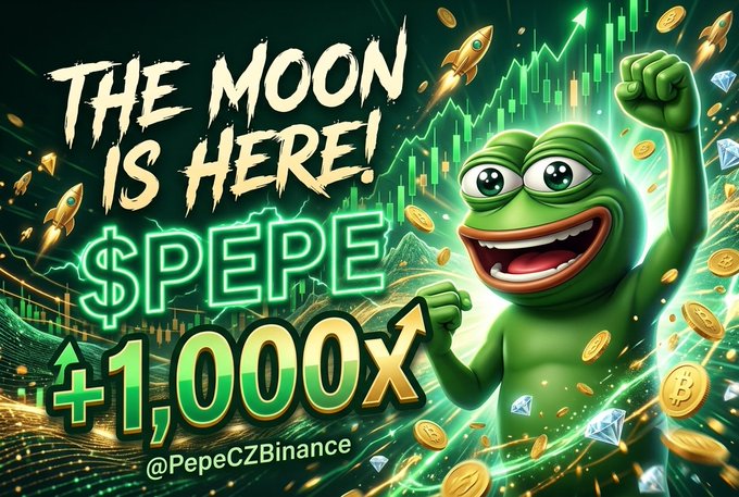 A crypto promotional graphic shows a green Pepe frog character with the text 'THE MOON IS HERE! $PEPE +1,000X' and the handle @PepeCZBinance, surrounded by rockets and coins.