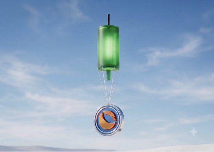 A green glass bottle floats like a balloon in the sky, tethered by strings to a metallic coin featuring the orange Terra/Luna logo, visually representing Terra Classic ($LUNC) being "lifted" skyward in anticipation of future growth.