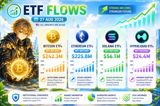 ETF FLOWS infographic dated 27 AUG 2026 showing all amounts in USD: Bitcoin ETFs $242.3M, Ethereum ETFs $225.8M, Solana ETFs $56.1M, Hyperliquid ETFs $24.4M net inflows, with a 'Strong Inflows. Stronger Future.' banner.