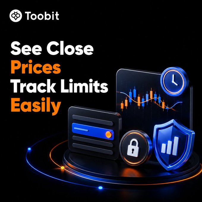 A promotional graphic for "Toobit" reads "See Close Prices Track Limits Easily" next to 3D icons representing a chart, credit card, clock, security lock, and a bar graph shield.