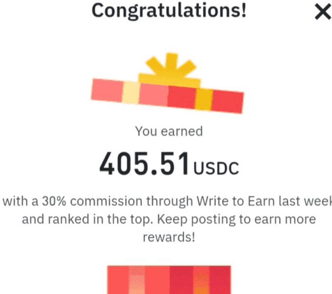 A "Congratulations!" notification screen showing an earnings reward of 405.51 USDC earned through a 30% commission via the Write to Earn program, accompanied by a request for users to share their EVM or BEP20 crypto wallet addresses to receive such payouts.