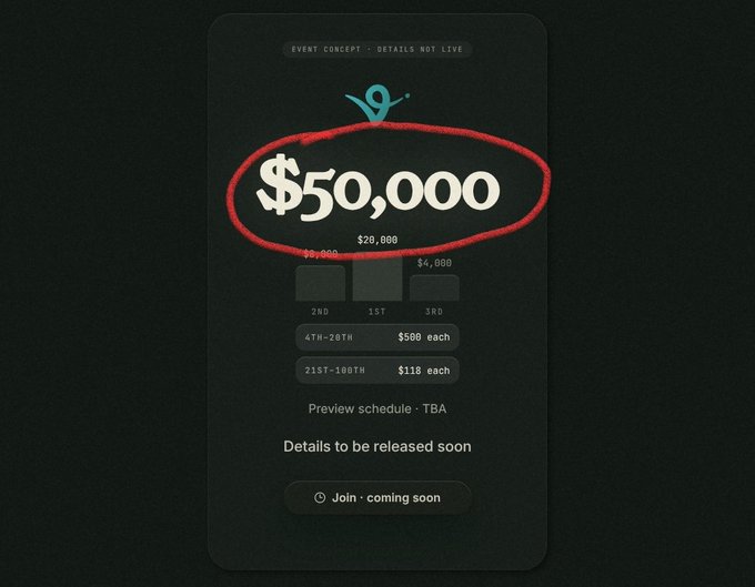 The image shows an event concept preview card displaying a prize pool of "$50,000" circled in red, with a tiered breakdown showing $20,000 for 1st place, $4,000 for 3rd place, and lower payouts of $500 and $118 for further placements. The accompanying post humorously compares this prize pool to their potential "commons airdrop allocation" from commonsmade.com, playfully suggesting disappointment that the shown $50,000 prize might just be their airdrop reward.