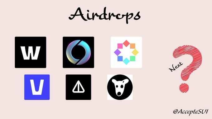 A graphic titled 'Airdrops' displaying logos of various crypto projects alongside a red 'Next?' question mark.