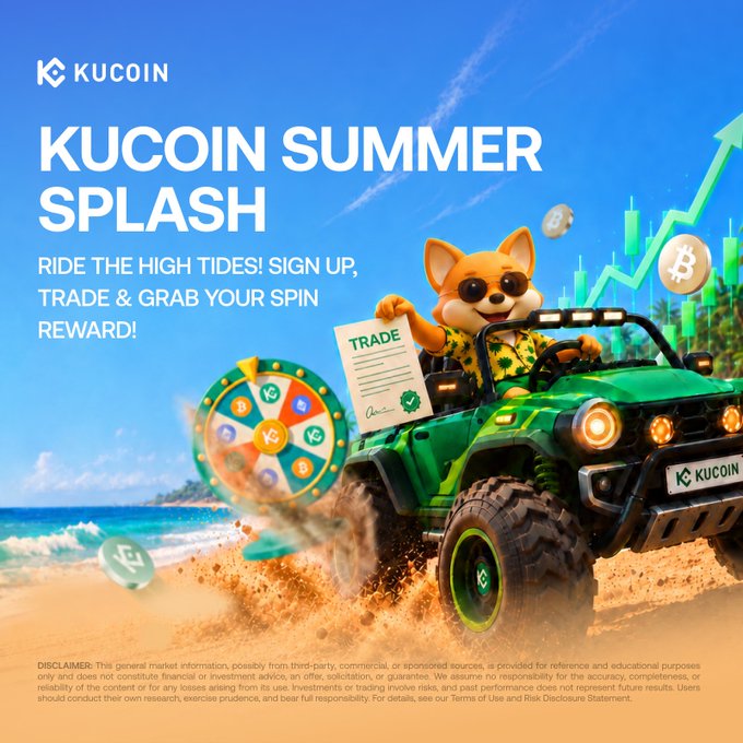 A vibrant KuCoin Summer Splash promotional banner featuring the KuCoin dog mascot driving a green Jeep on a beach, holding a "TRADE" document next to a prize wheel, with the text "RIDE THE HIGH TIDES! SIGN UP, TRADE & GRAB YOUR SPIN REWARD!" reinforcing the campaign's offer to win up to 100 USDT by signing up and completing a first trade.