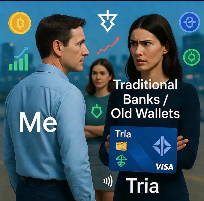 The image features a man holding a blue Visa card over his head with the text "Tria" written on it. A woman stands behind him, looking at the card while another person can be seen in the background. The scene suggests that they are discussing or showing off the benefits of using a credit card for everyday expenses and managing their finances more efficiently.