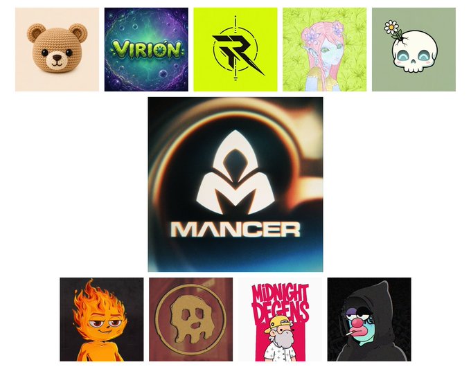 A collection of NFT project logos, prominently featuring the centered "MANCER" (Chain Mancers) branding, alongside other artwork including "VIRION," a crocheted bear, and various character illustrations, visually representing the list of mints scheduled for August 6 starting at 13:00 UTC.
