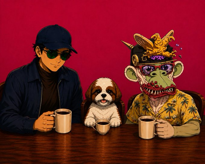 An anime-style illustration depicts a man in a black cap and sunglasses sitting at a table with a small puppy and a grotesque green monkey character wearing a Hawaiian shirt, all holding coffee mugs against a red background.