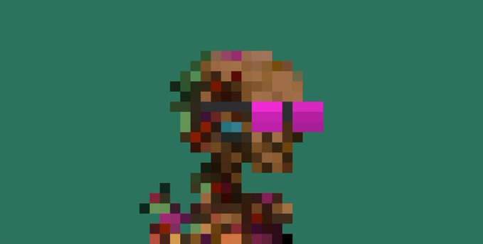 A pixel art rendering of a character with glasses against a solid teal background, partially obscured by colorful digital glitch artifacts.