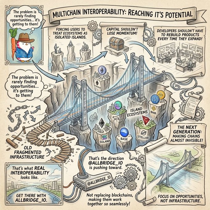 The image is an illustrated infographic titled "MULTICHAIN INTEROPERABILITY: REACHING IT'S POTENTIAL," showing broken bridges between isolated blockchain islands (Ethereum, Solana, Base, Stellar, BNB) alongside a vision of seamless "next generation" bridging, with text emphasizing that "REAL INTEROPERABILITY" and seamless chains are the direction @allbridge_io is pushing toward. This visually reinforces the post's point that crypto's biggest challenge isn't finding opportunities across different chains like Ethereum, but rather accessing them seamlessly when funds are stuck on one chain while opportunities exist on another.