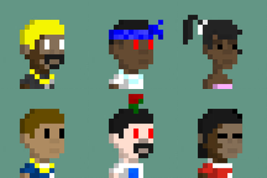 Six pixel-art character portraits arranged in two rows, featuring diverse hairstyles including blonde, blue dreadlocks, and a ponytail, with some having red eyes.