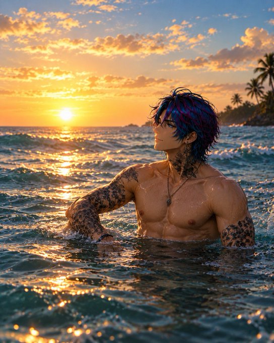 A digital artwork depicting a muscular man with blue and purple hair and arm tattoos, chest-deep in ocean water during golden hour.