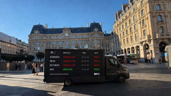 This image shows a digital display on a truck listing several crypto exchanges like Binance and OKX, with their "arrivals" marked as "CANCELLED" or "ARRIVED" under the "MICA" gate, referencing new EU regulations. This visual directly complements the post's message about upcoming changes in the European crypto market due to MiCA regulations.