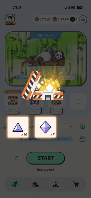 A mobile game screen showing a panda character in a bamboo forest, a 'Runner' panel, and two loot boxes with diamond-shaped rewards (x10 and x7) above a START button.