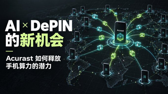 A futuristic digital banner displays "AI × DePIN 的新机会" with the tagline "Acurast 如何释放手机算力的潜力," showing a network of smartphones connected globally to a central "Acurast" hub, visually illustrating how the project aggregates mobile computing power into a decentralized AI infrastructure network.