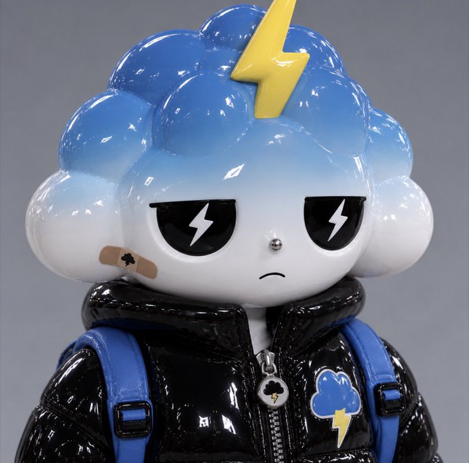 A glossy vinyl art toy of a sad-faced blue and white cloud character with lightning bolt eyes, wearing a black puffer jacket and a small bandage on its cheek.