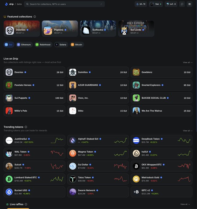 A screenshot of the Drip beta platform displaying featured NFT collections including 'Doonies', 'Popkins', and 'SuiRocks', along with trending tokens like WAL, SuiCat, Lombard Staked BTC, and Bucket USD.