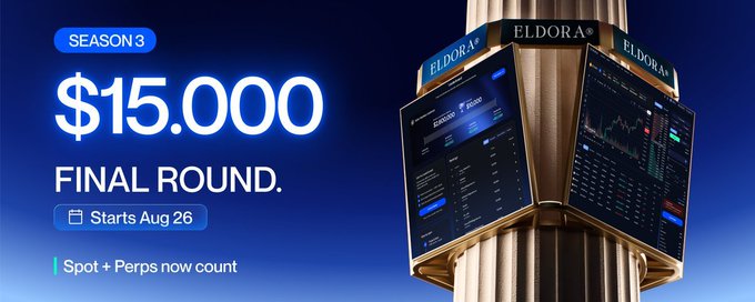 A promotional banner for ELDORA Season 3 advertising a $15,000 Final Round competition starting Aug 26, with trading screens displayed on a column.