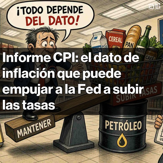 A cartoon illustration of a sweating businessman pushing down on a seesaw labeled 'MANTENER', with a basket of groceries and an oil barrel labeled 'PETRÓLEO' on the other side; Spanish text reads '¡TODO DEPENDE DEL DATO!' and 'Informe CPI: el dato de inflación que puede empujar a la Fed a subir las tasas'.
