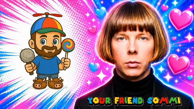 A vibrant YouTube thumbnail features "YOUR FRIEND SOMMI" in colorful text beneath his image, alongside a cartoon avatar of a bearded man in a propeller cap holding a lollipop, with pink hearts and a beachball visual tying into the post's underwater Ethereum and PulseChain predictions.