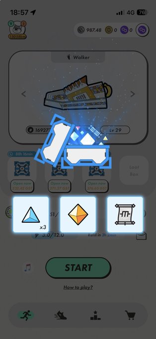 A mobile game interface shows a 'START' screen with a 'Walker' item card, player level 29, and rewards including a blue crystal shard and a gold ticket.