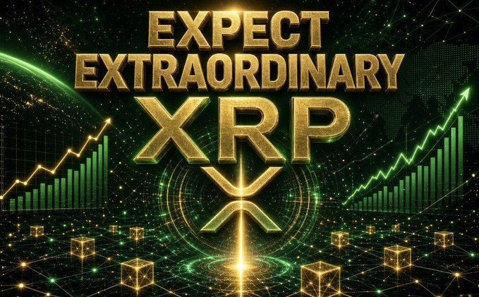 A digital graphic with golden 3D text reading 'EXPECT EXTRAORDINARY XRP' with the XRP logo, set against a green background with rising chart lines and glowing cubes.