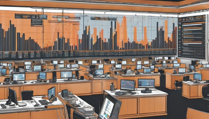 A stylized trading floor filled with rows of desks and dual-monitor workstations sits beneath a massive orange and black digital display board showing volatile price charts and tickers. The bustling, data-driven scene visually reinforces the post's description of Bitcoin grinding sideways in a tight $77K–$80K range, with BTC at $78,503 (-0.58%) and ETH at $2,481 (-0.61%), capturing the frustrating, range-bound market that has worn down traders' patience.

Key text on screens includes "BTC $78,503" and "ETH $2,481," matching the market data referenced in the post.