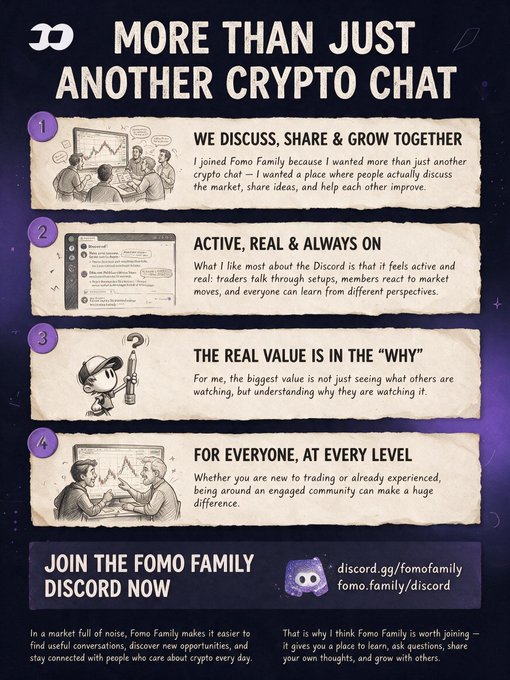 Promotional infographic for Fomo Family Discord titled 'MORE THAN JUST ANOTHER CRYPTO CHAT', listing four benefits and the invite link 'discord.gg/fomofamily'.