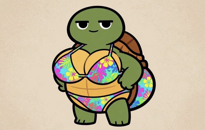 A cartoon turtle wearing a colorful floral bikini and bra stands with a smug expression. The image humorously illustrates the post's joke about "cross-dressing" by having the masculine turtle in feminine attire, playing on the contrast with "cross-chain trading."
