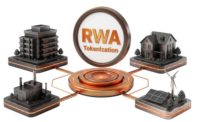 The image features four 3D rendered buildings of different sizes placed around a central circle with the text "RWA tokenization" written above them. The buildings are made out of various materials, including metal and concrete, giving the scene an industrial feel. The buildings appear to be in different stages of construction or renovation, suggesting that they might be part of a multifamily rental property development project.