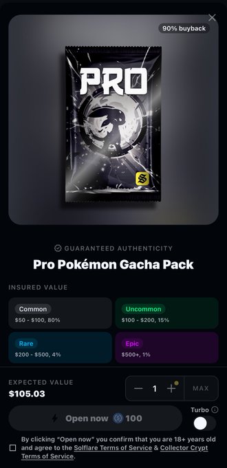 A 'Pro Pokémon Gacha Pack' interface on what appears to be a digital collectibles platform, showing 90% buyback, rarity tiers (Common $50-$100, Uncommon $100-$200, Rare $200-$500, Epic $500+), and an expected value of $105.03.