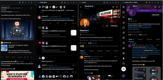 A collage of various dark-themed social media screenshots, including tweets, notifications, and profiles related to cryptocurrency and NFT projects like 'SlockIn', 'BNSx', and 'RugHub Radio'.