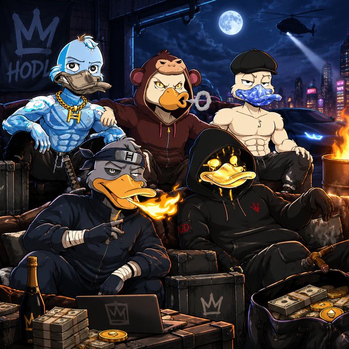 Digital illustration of five anthropomorphic duck characters styled as a gritty crypto crew, featuring a 'HODL' graffiti tag, gold chains, knives, a burning barrel, and stacks of cash and bitcoin.