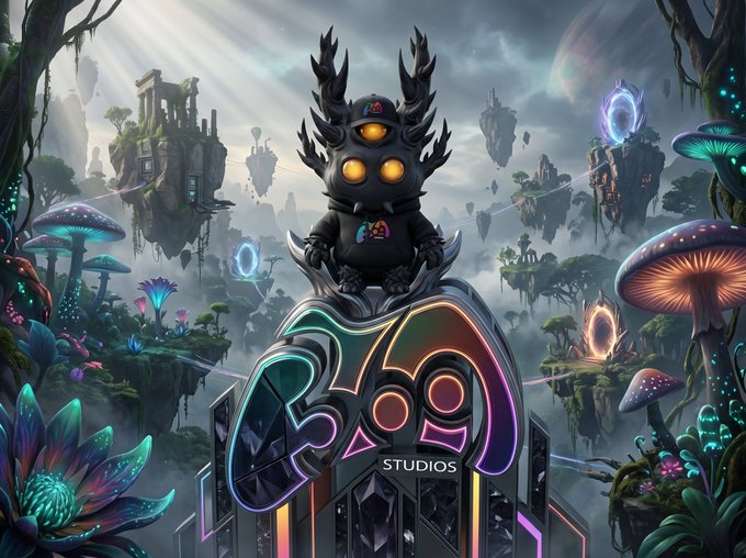 A fantasy digital illustration featuring a dark, spiky creature with glowing yellow eyes perched on a neon-lit structure, surrounded by floating islands and bioluminescent mushrooms, with '3:10 STUDIOS' on the front.