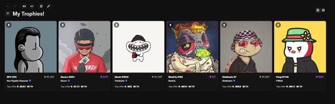 A user's "My Trophies!" profile showcasing their NFT collection, including tokens from projects like MPC #20, Senzu #0004, Cloud #5028, Sherby #106, Diodenuts #7, and Pimp #1145, reflecting the poster's lighthearted advice about simply enjoying NFTs they genuinely like without overthinking their purchases.