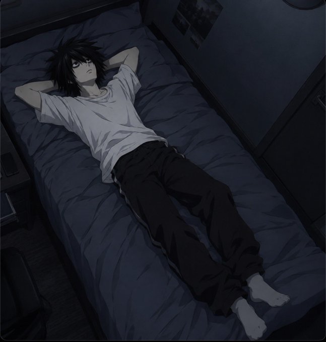 Anime-style illustration of a young man with messy black hair lying on a bed in a dark room, wearing a white t-shirt and black pants.