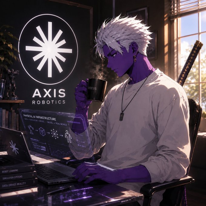 An anime-style illustration of a white-haired character with purple skin working at a laptop with 'AXIS ROBOTICS' branding visible, displaying technical diagrams about Physical AI Infrastructure on a holographic interface.