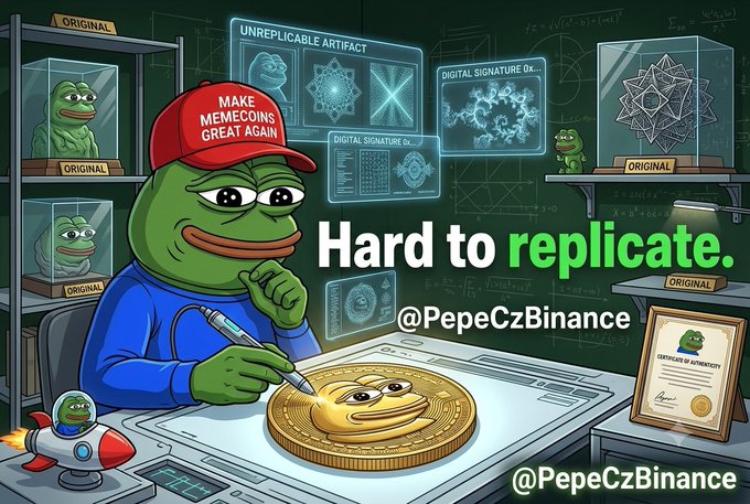 A cartoon Pepe the Frog wearing a 'MAKE MEMECOINS GREAT AGAIN' hat, working in a lab with a Certificate of Authenticity, with text 'Hard to replicate' and handles @PepeCzBinance.