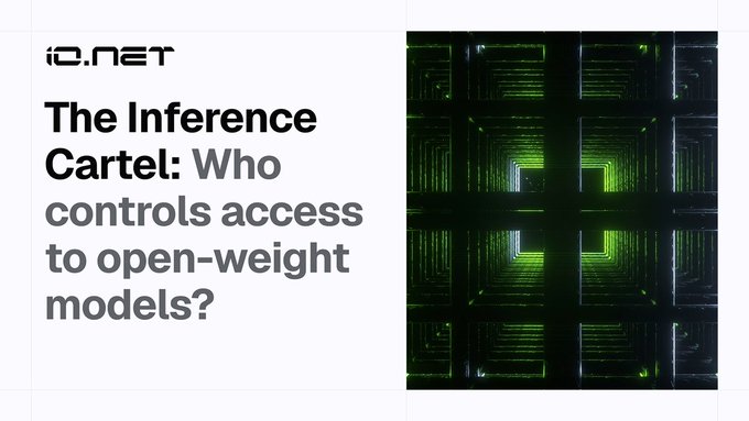 An article header from iO.net titled 'The Inference Cartel: Who controls access to open-weight models?' next to a green, futuristic digital background image.