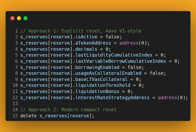 The image shows Solidity code comparing two approaches for removing a reserve from the Aave V1 protocol: an explicit field-by-field reset (lines 2-12) versus a concise `delete s_reserves[reserve]` statement (line 15). It directly illustrates the post's observation about Aave V1's manual struct reset pattern versus the simpler modern alternative.