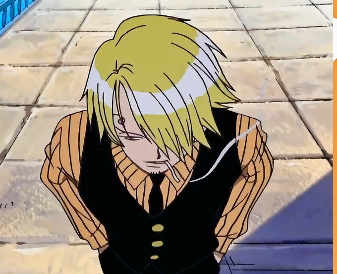 An anime character with blonde hair covering one eye, wearing a striped shirt, black vest, and tie, smoking a cigarette.