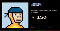 A pixel art character from the game 'INTERNET MONKEY' with a Bitcoin price display showing '1 mBTC = $150 USD' for 'INTERNET MONKS FOR THE VAULT'.