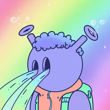 A cartoon purple character with a cloud-like head, wearing an orange and green outfit, breathes out streams of green water against a colorful rainbow gradient background with bubbles.